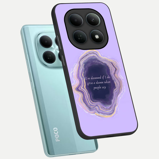 Damned People Quote phone case For Poco M8 showing premium glass back cover with detailed artwork