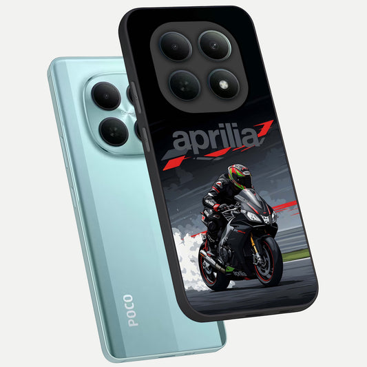 Dark Aprilla phone case For Poco M8 showing premium glass back cover with detailed artwork