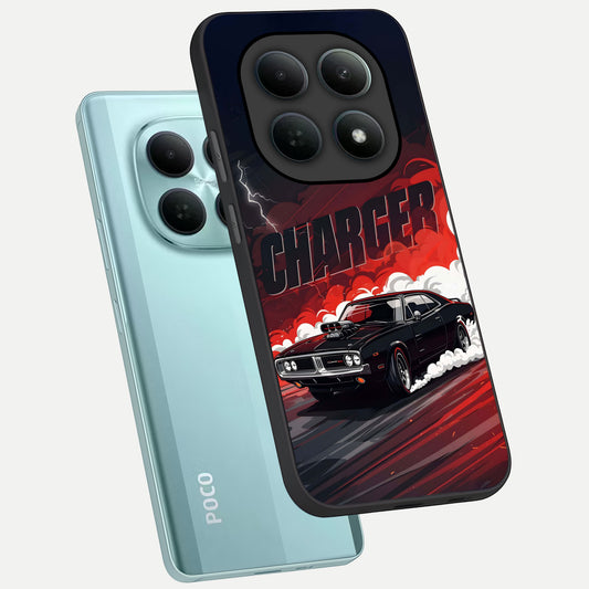 Dark Charger Fury phone case For Poco M8 showing premium glass back cover with detailed artwork