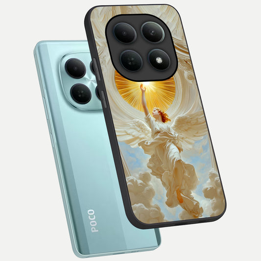 Divine Light Angel phone case For Poco M8 showing premium glass back cover with detailed artwork