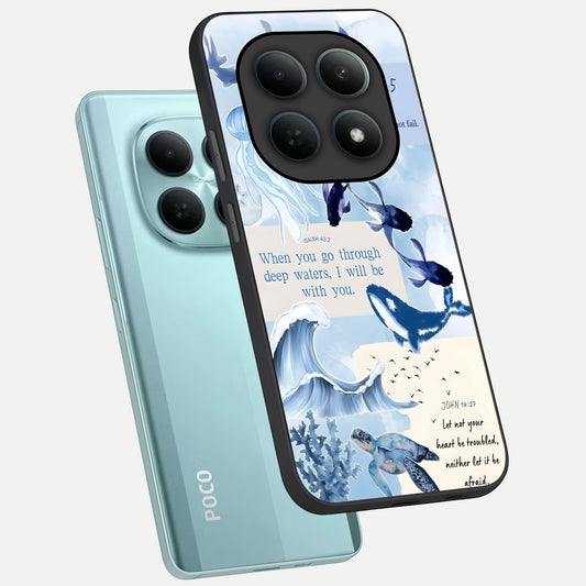 Faithful Ocean Promise phone case For Poco M8 showing premium glass back cover with detailed artwork
