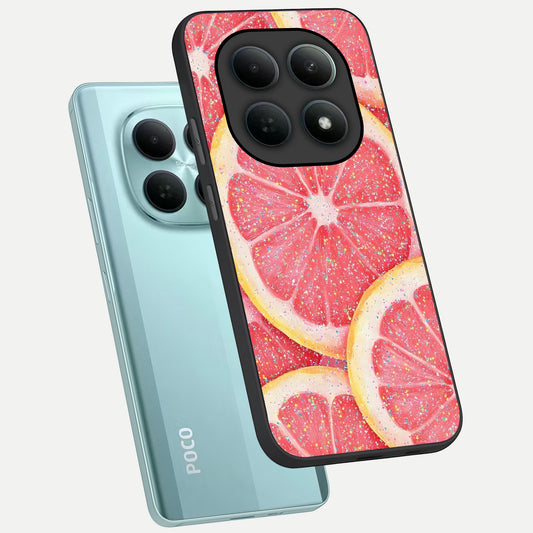 Glitter Grapefruit phone case For Poco M8 showing premium glass back cover with detailed artwork