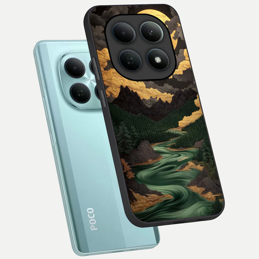 Golden River Moon phone case For Poco M8 showing premium glass back cover with detailed artwork