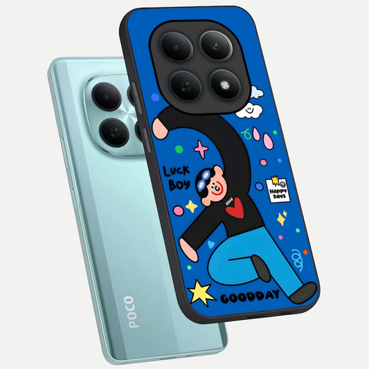 Happy Luck Vibe phone case For Poco M8 showing premium glass back cover with detailed artwork