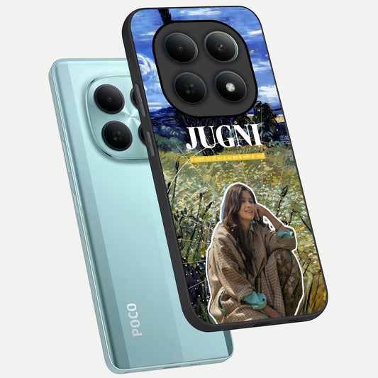 Jugni Soul Vibes phone case For Poco M8 showing premium glass back cover with detailed artwork