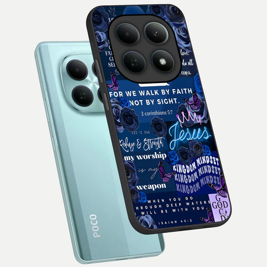 Kingdom Faith Glow phone case For Poco M8 showing premium glass back cover with detailed artwork