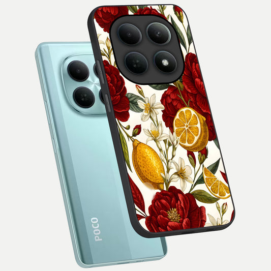Lemon Rose Charm phone case For Poco M8 showing premium glass back cover with detailed artwork