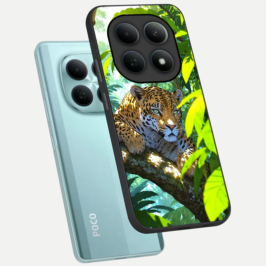Leopard in Jungle phone case For Poco M8 showing premium glass back cover with detailed artwork