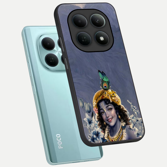 Lord Krishna phone case For Poco M8 showing premium glass back cover with detailed artwork