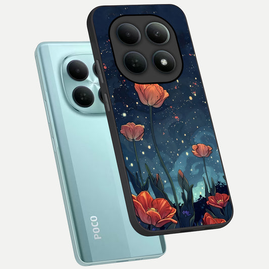 Midnight Tulip Glow phone case For Poco M8 showing premium glass back cover with detailed artwork
