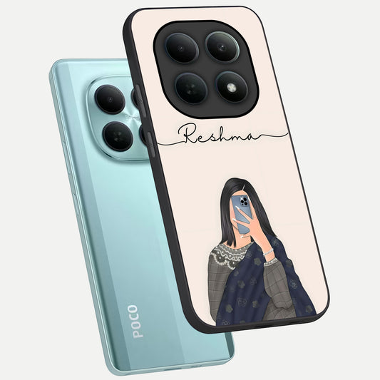 Mirror Mood Muse With Custom Name phone case For Poco M8 showing premium glass back cover with detailed artwork