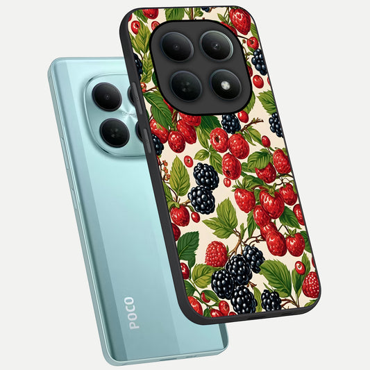 Mixed Berry Collage phone case For Poco M8 showing premium glass back cover with detailed artwork
