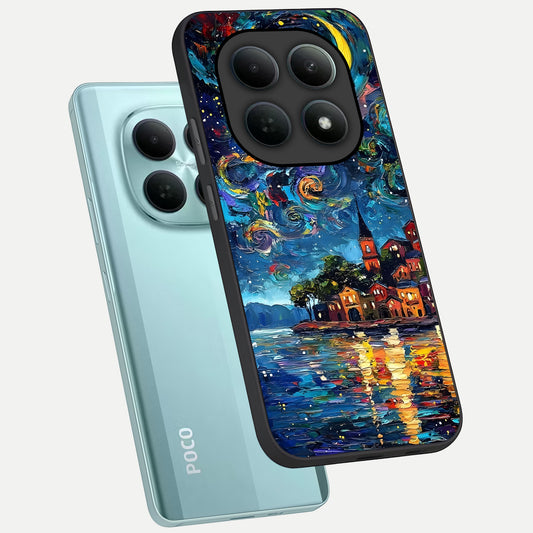 Moonlight Harbor Glow phone case For Poco M8 showing premium glass back cover with detailed artwork