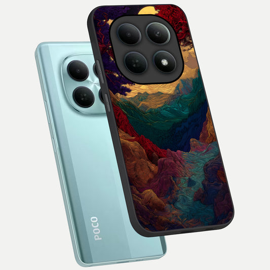Mystic Valley Light phone case For Poco M8 showing premium glass back cover with detailed artwork