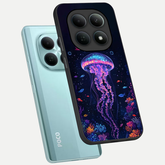 Neon Jellyfish phone case For Poco M8 showing premium glass back cover with detailed artwork
