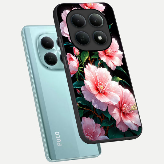 Peach Flower phone case For Poco M8 showing premium glass back cover with detailed artwork