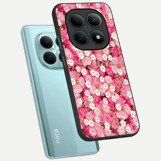 Pink Daisy Bliss phone case For Poco M8 showing premium glass back cover with detailed artwork