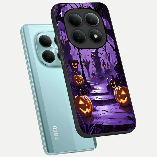 Pumpkin Patch Halloween phone case For Poco M8 showing premium glass back cover with detailed artwork