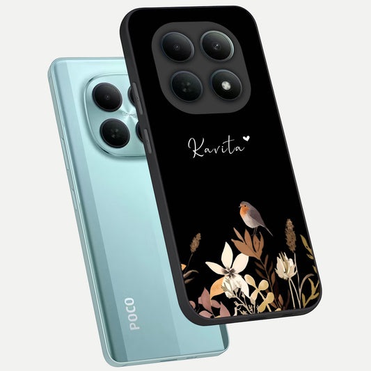 Quiet Garden Tune Custom Name phone case For Poco M8 showing premium glass back cover with detailed artwork
