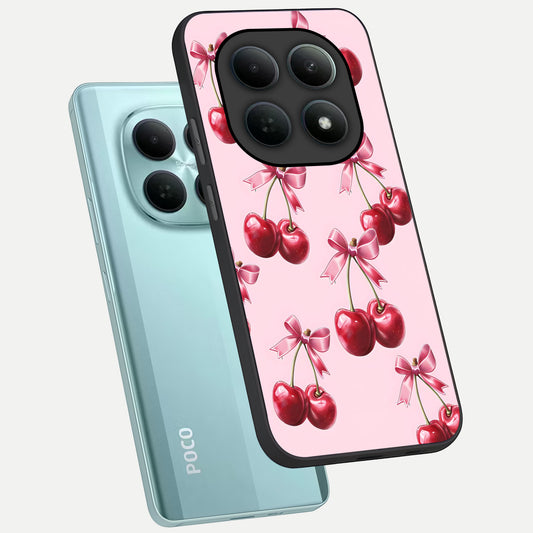 Red Cherries Pattern phone case For Poco M8 showing premium glass back cover with detailed artwork