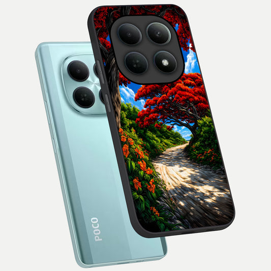 Red Trees Pathway phone case For Poco M8 showing premium glass back cover with detailed artwork