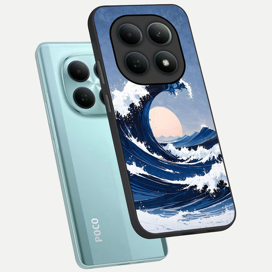 Rising Tide Power phone case For Poco M8 showing premium glass back cover with detailed artwork