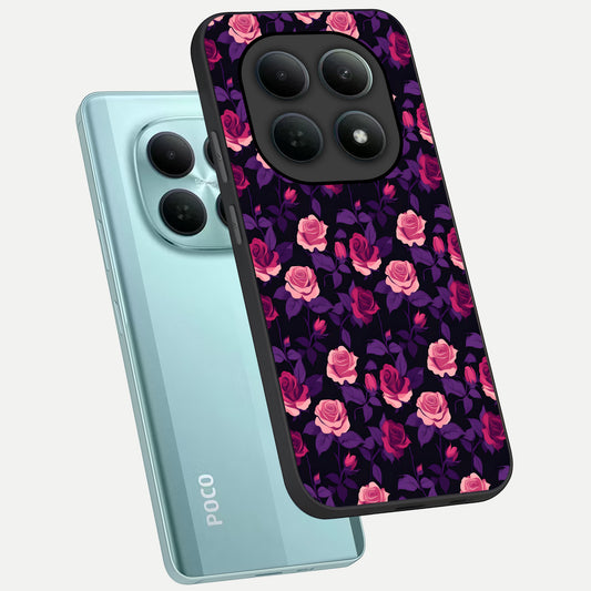 Rose Garden Twilight phone case For Poco M8 showing premium glass back cover with detailed artwork