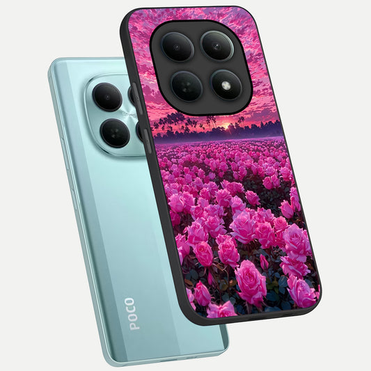 Rose Sunset Valley phone case For Poco M8 showing premium glass back cover with detailed artwork