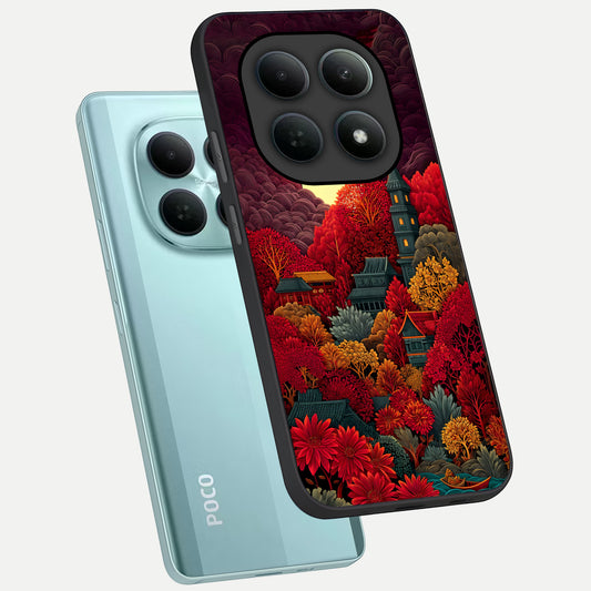 Scarlet Autumn Temple phone case For Poco M8 showing premium glass back cover with detailed artwork