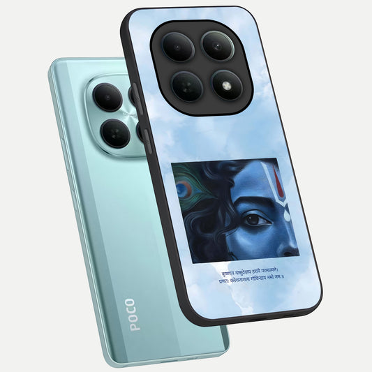 Spiritual Krishna phone case For Poco M8 showing premium glass back cover with detailed artwork