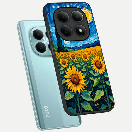 Starry Sunflower Dreams phone case For Poco M8 showing premium glass back cover with detailed artwork
