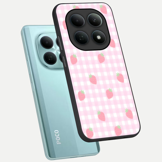 Strawberry Picnic Love phone case For Poco M8 showing premium glass back cover with detailed artwork