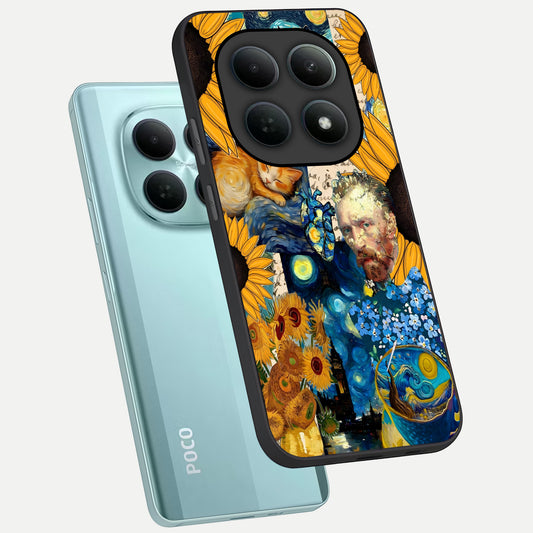 Sunflower Chic Mood Custom Name phone case For Poco M8 showing premium glass back cover with detailed artwork
