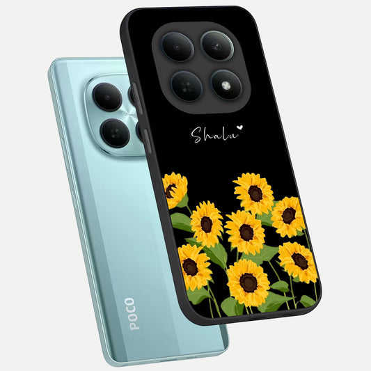 Sunflower Sky Bloom phone case For Poco M8 showing premium glass back cover with detailed artwork