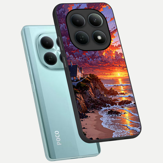 Sunset House By Sea phone case For Poco M8 showing premium glass back cover with detailed artwork