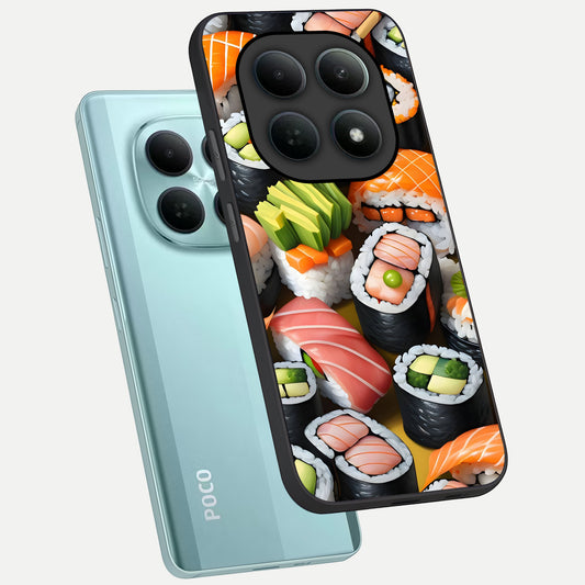 Sushi Food Pattern phone case For Poco M8 showing premium glass back cover with detailed artwork