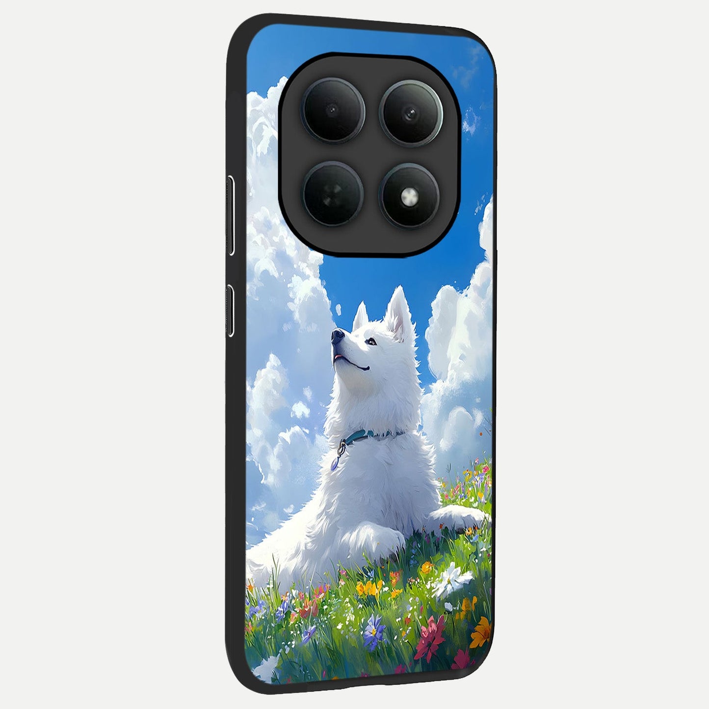 Blissful Cloud Pup back cover For Poco M8 slim fit glass case with vibrant aesthetic design