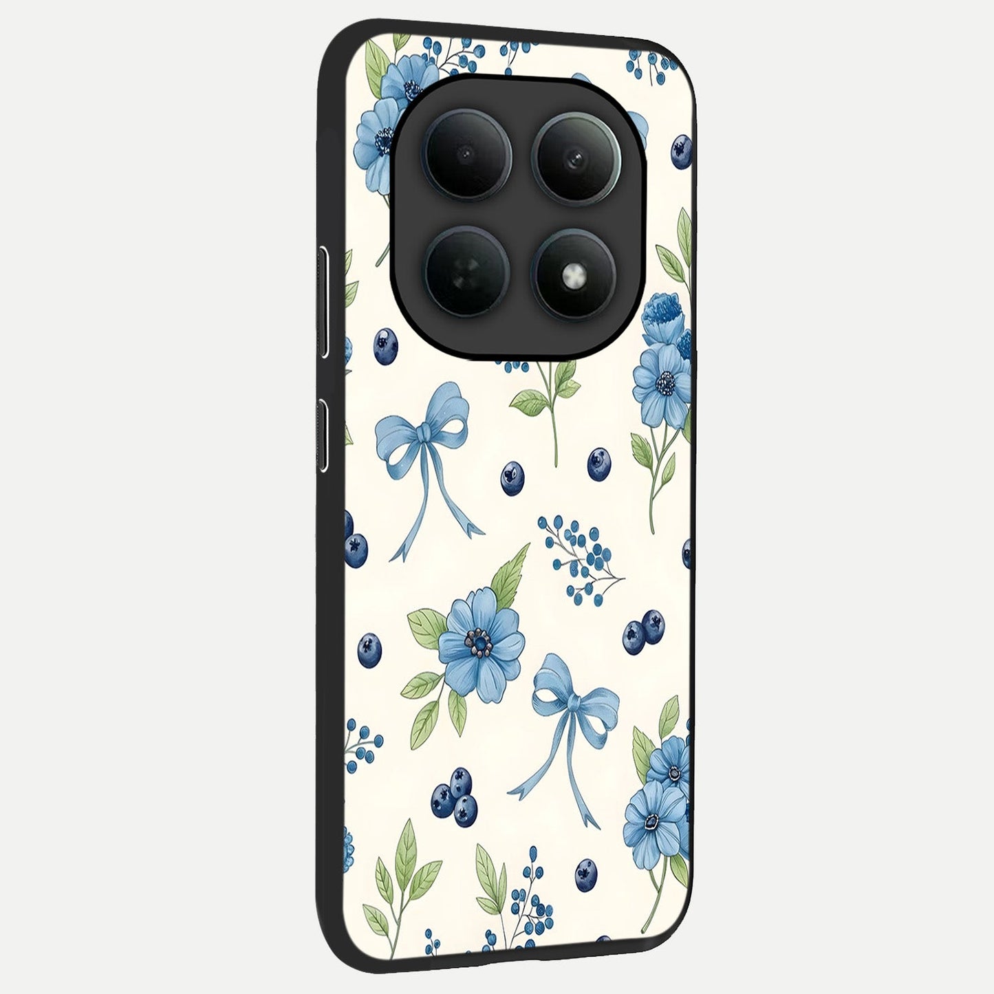 Blue Flower And Bow back cover For Poco M8 slim fit glass case with vibrant aesthetic design