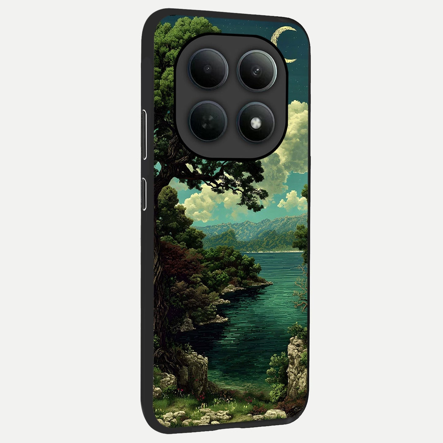 Celestial Lake Peace back cover For Poco M8 slim fit glass case with vibrant aesthetic design