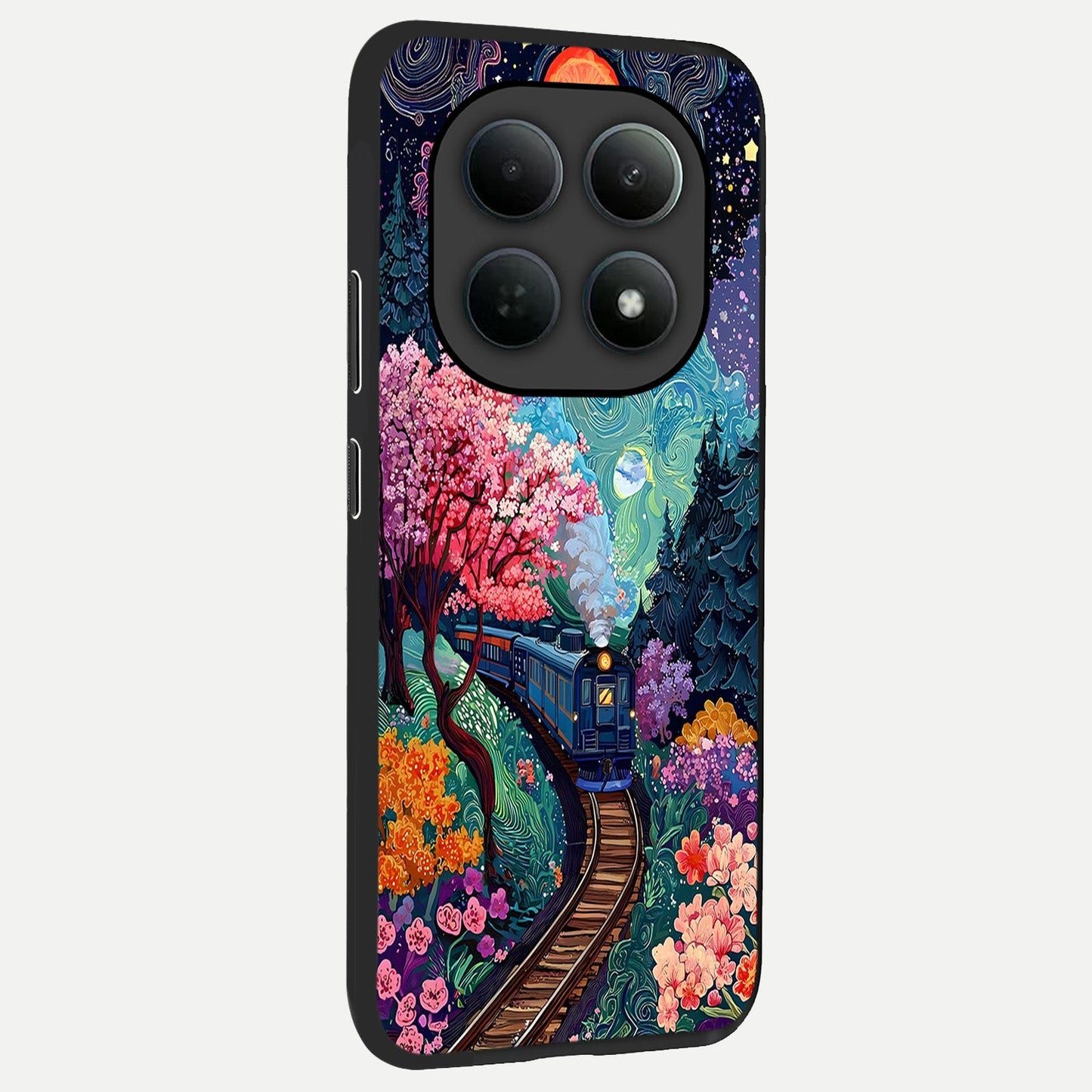 Celestial Train Journey back cover For Poco M8 slim fit glass case with vibrant aesthetic design