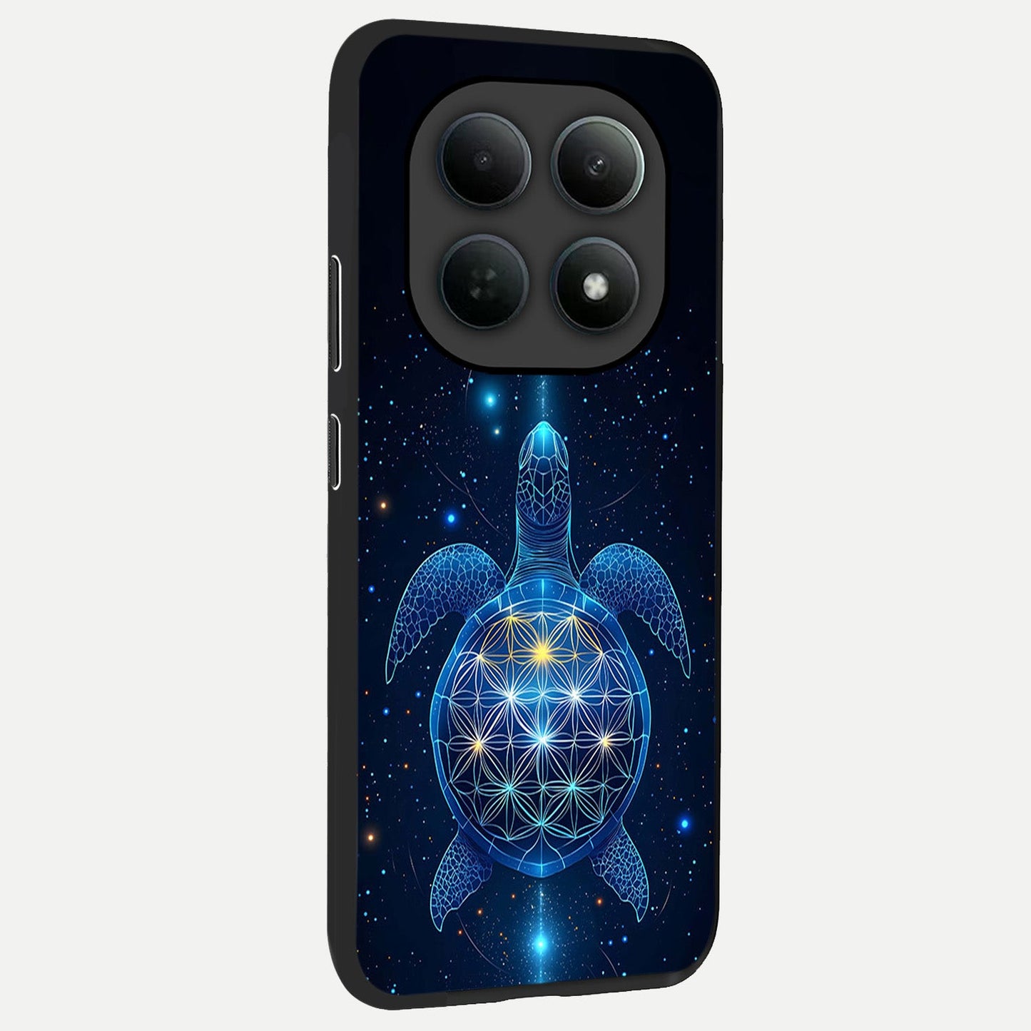 Crimson Blue Turtle back cover For Poco M8 slim fit glass case with vibrant aesthetic design