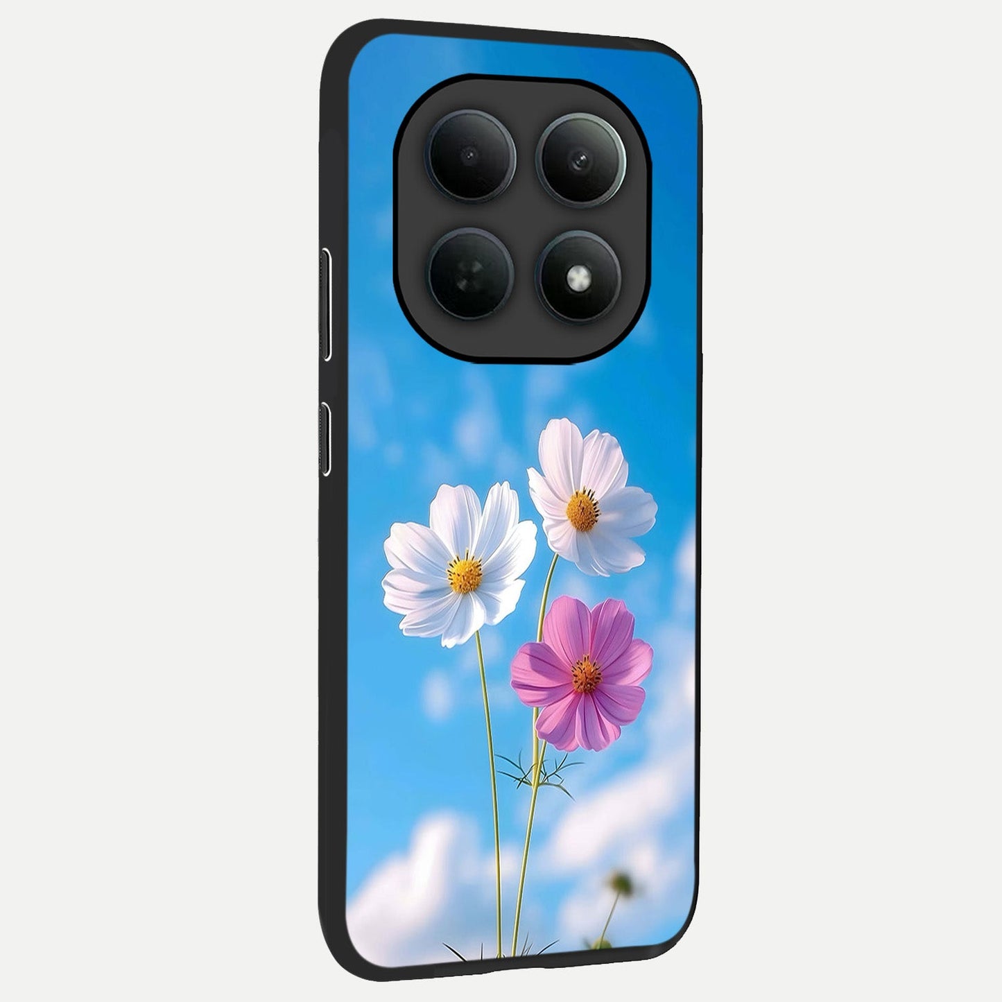 Tripple Flowers With Sky back cover For Poco M8 slim fit glass case with vibrant aesthetic design