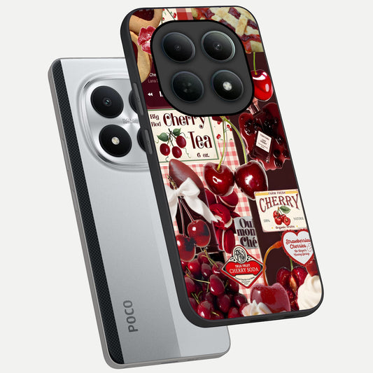 Aesthetic Cherry Tea phone case For Poco M8 Pro showing premium glass back cover with detailed artwork