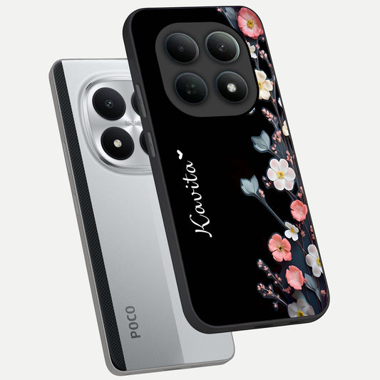 Black Elegance Floral Custom Name phone case For Poco M8 Pro showing premium glass back cover with detailed artwork
