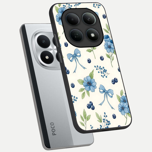 Blue Flower And Bow phone case For Poco M8 Pro showing premium glass back cover with detailed artwork