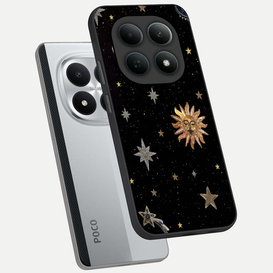 Celestial Moon With Stars phone case For Poco M8 Pro showing premium glass back cover with detailed artwork