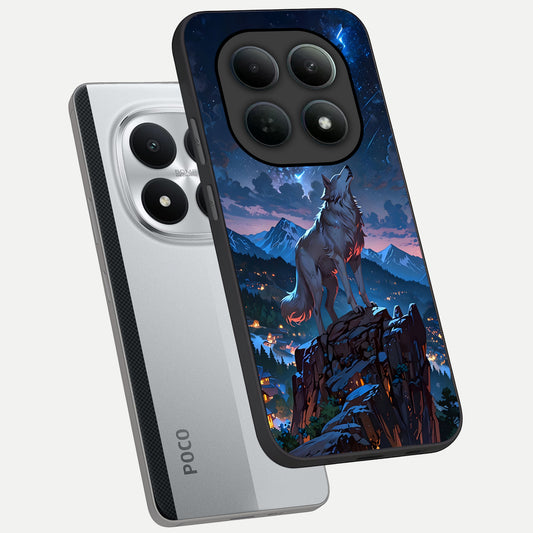 Celestial Wolf Howl phone case For Poco M8 Pro showing premium glass back cover with detailed artwork