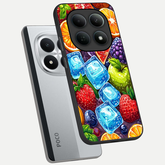 Colorful Fruits with Ice phone case For Poco M8 Pro showing premium glass back cover with detailed artwork