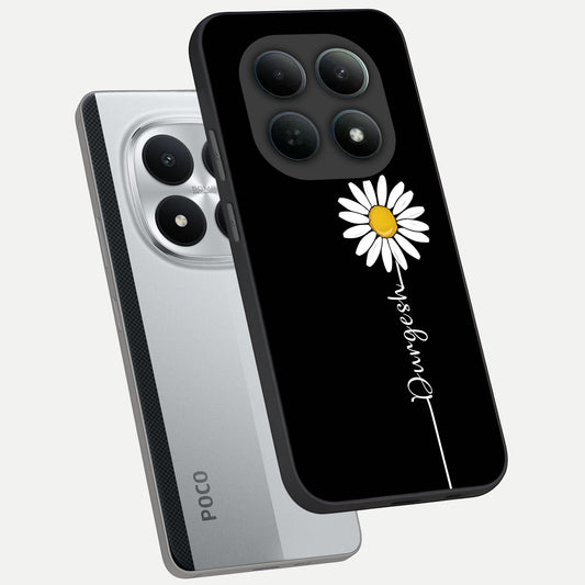 Custom Name White Flower phone case For Poco M8 Pro showing premium glass back cover with detailed artwork