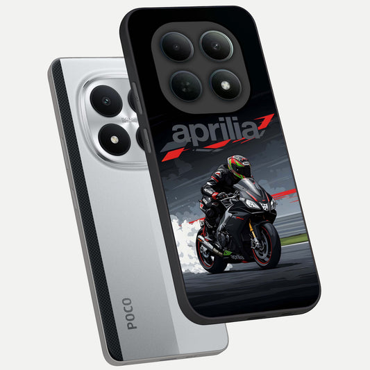 Dark Aprilla phone case For Poco M8 Pro showing premium glass back cover with detailed artwork